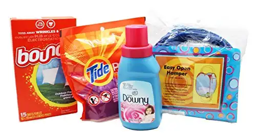 Dorm Room Laundry Kit with Tide Laundry Detergent Pods, Downy Softener, Dryer Sheets & Bonus Hamper