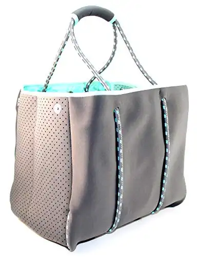 Nordic By Nature Large Designer Beach Bag Tote For Women, Men And Kids | Versatile Pool Bag With Zippered Pockets | Room For Towels, Toys And Lotion | For The Boat, Beach or Pool (Grey/Turquoise)